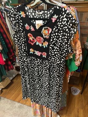 Black & White Polka Dot Dress with Colorful Floral Embroidery